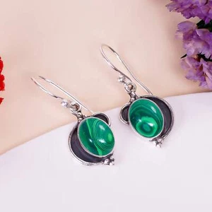 Malachite Gemstone 925 Sterling Silver Jewelry Earring, Designer Earring - Picture 1 of 4