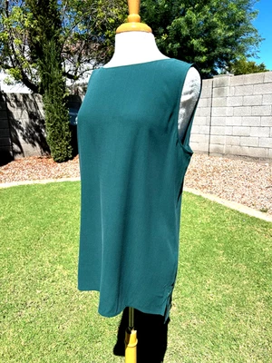 Top Eileen Fisher Seda Georgette Crepe Cuello Barco Caparazón Largo Talla L Pino $218 Nuevo con Etiquetas Foto 1 de 4