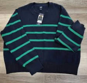 Gap Mens Large Navy Blue Green Striped Knit Cotton Crew Neck Sweater Pullover - Picture 1 of 2