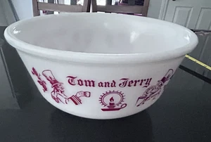 Vintage Tom and Jerry Punch Bowl White Milk Glass Red Graphics 9" Diameter - Picture 1 of 7
