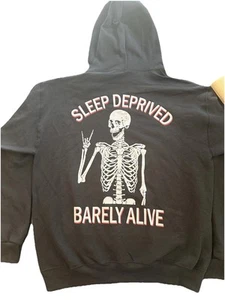 Sleep Deprived Barely Alive Funny Skeleton Halloween (back) Pullover Hoodie L - Picture 1 of 2