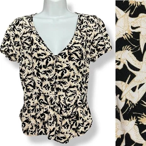 Anthropologie Kimchi Blue Blouse Crane Print Bird Rayon Size Medium Puff Sleeves - Picture 1 of 15