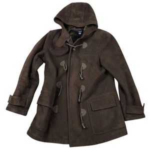 Chaps Womens Peacoat Jacket Medium Brown Faux Suede Toggle Coat Hooded Retro - Picture 1 of 10