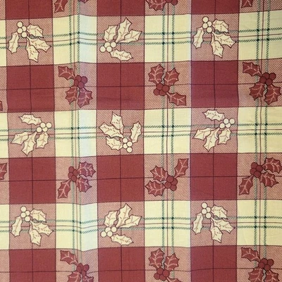 Cotton Fabric Holly Leaves Berries Red Cream Plaid Christmas Print 18x44" CPW - Image 1 of 4