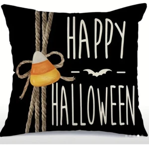 HALLOWEEN Black THROW PILLOW COVER 18"X18" "HAPPY HALLOWEEN" CANDY CORN NEW - Picture 1 of 1