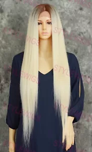 Rooted Light Blond Extra Long Straight Lace Front Human Hair Blend Wig EVEB - Picture 1 of 8