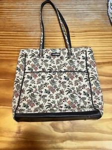 Tapestry Floral Shoulder Tote Bag Vintage Style Canvas Leather Trim Fall Leaves - Picture 1 of 2