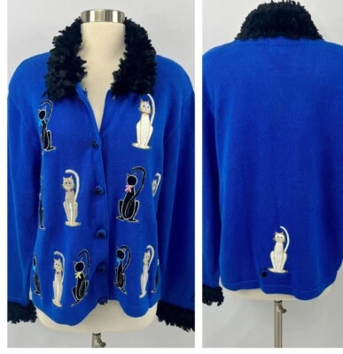 Cárdigan Suéter Berek De Colección Años 80 Azul Shearling Kitty Talla XL Amante de los Gatos Novedad Foto 1 de 4