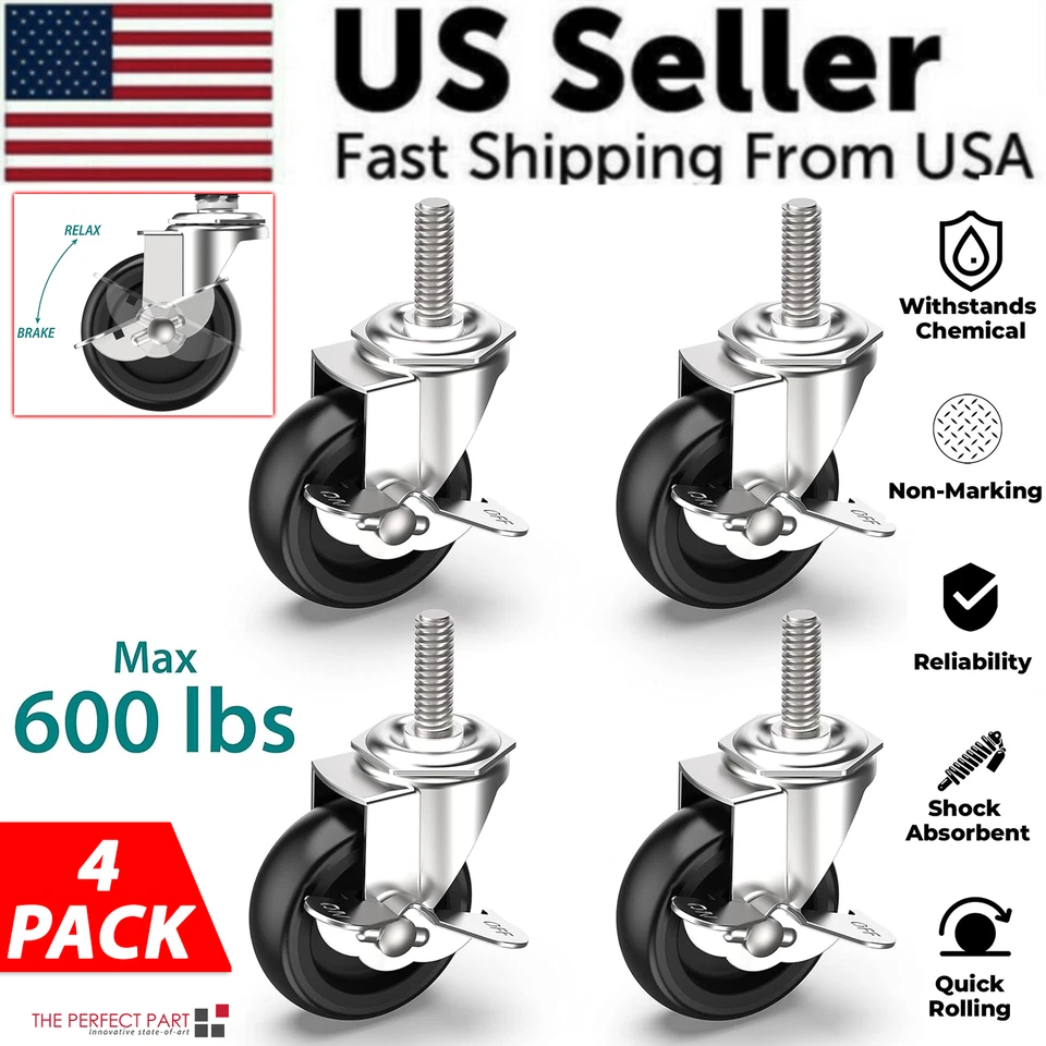 THE PERFECT PART 4x 3 Inch Rubber Casters Heavy Duty Safety Brake Wheels For Wire Shelving Rack