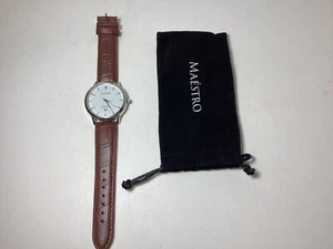 Maestro The Classico Men's Watch Silver with Brown Leather Band and Pouch - Picture 1 of 7