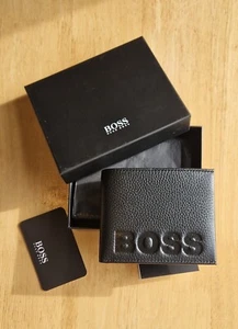 Herren Hugo Boss Schwarz Echt genarbtes Leder Geldbörse - Münzfach Prägung Stil - Bild 1 von 9