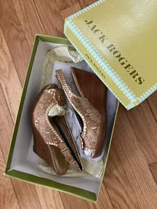NIB JACK ROGERS Claudette Latte Cork Wedge Slingback Platform Heel 5M - MSRP$228 - Picture 1 of 12