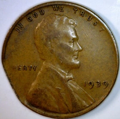 1939 ERROR STRAIGHT CLIPPED Lincoln Wheat Cent Coin NICE Rare Type Clip   NR - Image 1 of 4