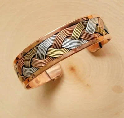 Solid Copper Tricolor Cuffed Health Bracelet -  Copper Bracelet Braided - Image 1 of 4