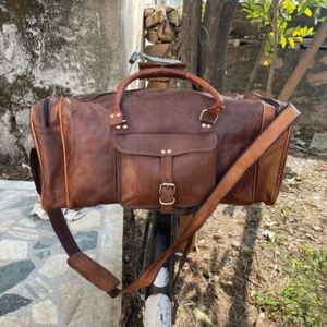 Men's New Genuine Leather Large Vintage Duffel Travel weekend gym Overnight Bag - Picture 1 of 17