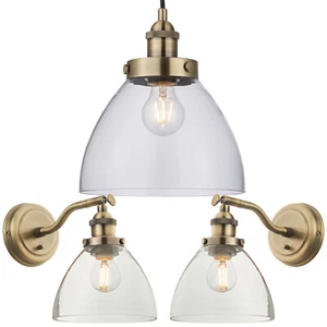 Ceiling Pendant & 2x Matching Wall Light Pack Antique Brass & Clear Glass Shade - Picture 1 of 6