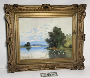 Antique Original Fine Watercolor Painting Lake Landscape Trees -Gilt -Signed - Picture 1 of 20