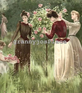 Original 1891 CHROMO LITHOGRAPH PRINT, Among The Roses  N Y Sunday Supplement  - Picture 1 of 4