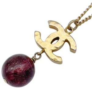 CHANEL Authentic Necklace Coco Mark Colored Stone Round Ball Gold Purple 64cm - Picture 1 of 9