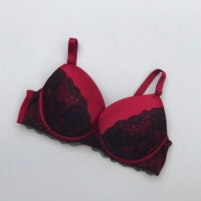 NWT CACIQUE RED SATIN WITH BLACK LACE PUSH UP PLUNGE SEXY BRA 44C - Image 1 of 4