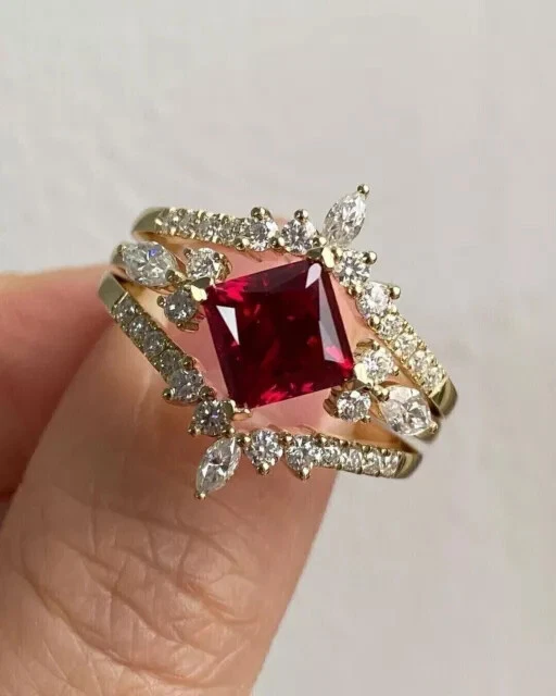 3Ct Princess Cut Simulated Red Ruby Wedding Trio Ring Set 14K Yellow Gold Plated - Image 1 of 4