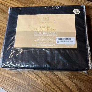 Vintage HC Home Collection Full Sheet Set Classic Sateen Stripes Black NEW - Picture 1 of 7