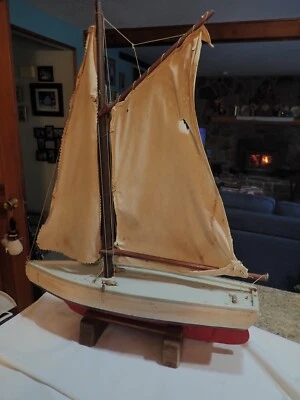 Vintage Large Wood Boat Pond Yacht Display Ship Sailboat As-Is 22" long 28" tall - Image 1 of 4