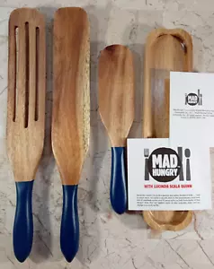 Mad Hungry BLAU Holzspurtle 4-teiliges Set Holzlöffel-Spatel Tablett Kulinarisch-A - Bild 1 von 9