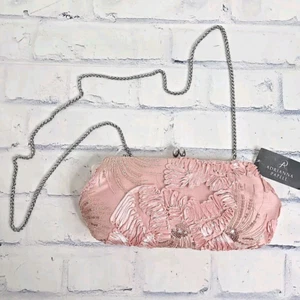 Adrianna Papell Sia Clutch Pink Embroidery Sequin Silver Chain Shoulder Bag Snap - Picture 1 of 14