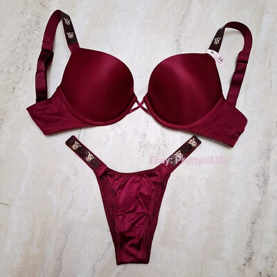 Victoria's Secret Bombshell 2 cups Push Up Bra Set shine panties thong red 96O5 - Image 1 of 4