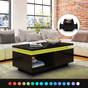 Coffee Table LED Lighted Storage Cabinet High Gloss 2 Drawers Furniture Black - Picture 1 of 9
