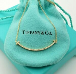 Tiffany & Co. 18K Yellow Gold T Smile Diamond Pendant Necklace 16" in Pouch Box