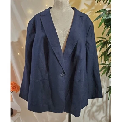 Talbots 100% Linen One Button Blazer Jacket Womens Plus Size 24W New Navy Blue - Image 1 of 4