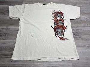 Vintage Y2K Mall Goth Chinese Dragon Skulls T-Shirt Sun Faded White Mens Size L - Picture 1 of 9