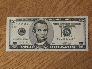 2001 $5 "STAR NOTE" UNC/GEM SAN FRANCISCO CL03833918* 2 OF 3 CONS SERIAL NUMBERS - Picture 1 of 5