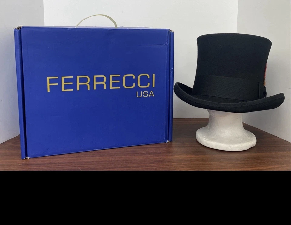 Ferrecci USA Men's Black Top Hat w/ Orange Feather & Box - Size M New - Image 1 of 4