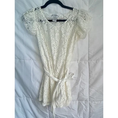 Ultra Pink Lace Overlay Top Short Sleeve Belted Ivory Women's Medium - Image 1 of 4