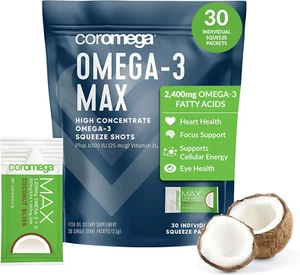 Coromega MAX High Concentrate Omega 3 Fish Oil with Vitamin D, 2400Mg Omega-3S w - Picture 1 of 12