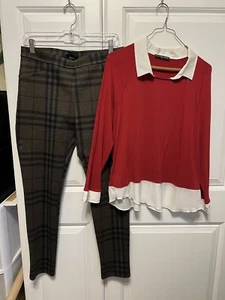 Red White Sweater Blouse w/ Black Gray & Red Plaid Slacks Women’s M/L 7/8 - Picture 1 of 9