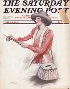 JUNE 26 1920 Pretty Woman Trout Fishing SATURDAY EVENING POST COVER ONLY - Picture 1 of 3