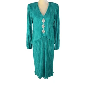 Vintage After Dark 70er Jahre Med Maxi bodenlang Rüschen Perlen Kleid blau grün - Bild 1 von 7