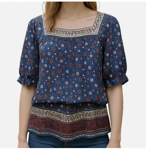 Knox Rose Womens Large Peasant Top Pullover Square Neck Blue Floral Short Sleeve - Picture 1 of 10