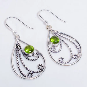 Peridot Gemstone Vintage Handmade Jewelry 925 Sterling Silver Earrings 2" F876 - Picture 1 of 5