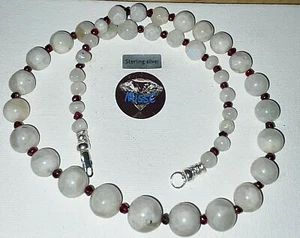 GARNET and RAINBOW MOONSTONE 925 STERLING SILVER NECKLACE - Picture 1 of 5