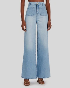 $295 Triarchy Women's Blue Wide Leg Patch Pocket Denim Jeans Pants Size 27 - Picture 1 of 4