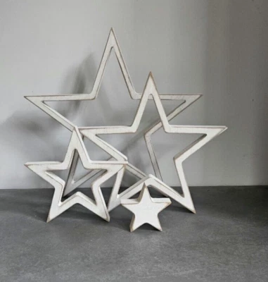 4 White STAR Ornament Rustic Scandi Nordic Autumn Wood Home Decor Accessories