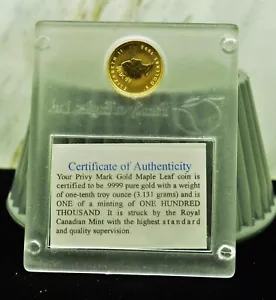 1998 Canada $5 Gold Maple Leaf w/ Privy Mark 2nd Edition & COA 1/10 oz Gold - Picture 1 of 4