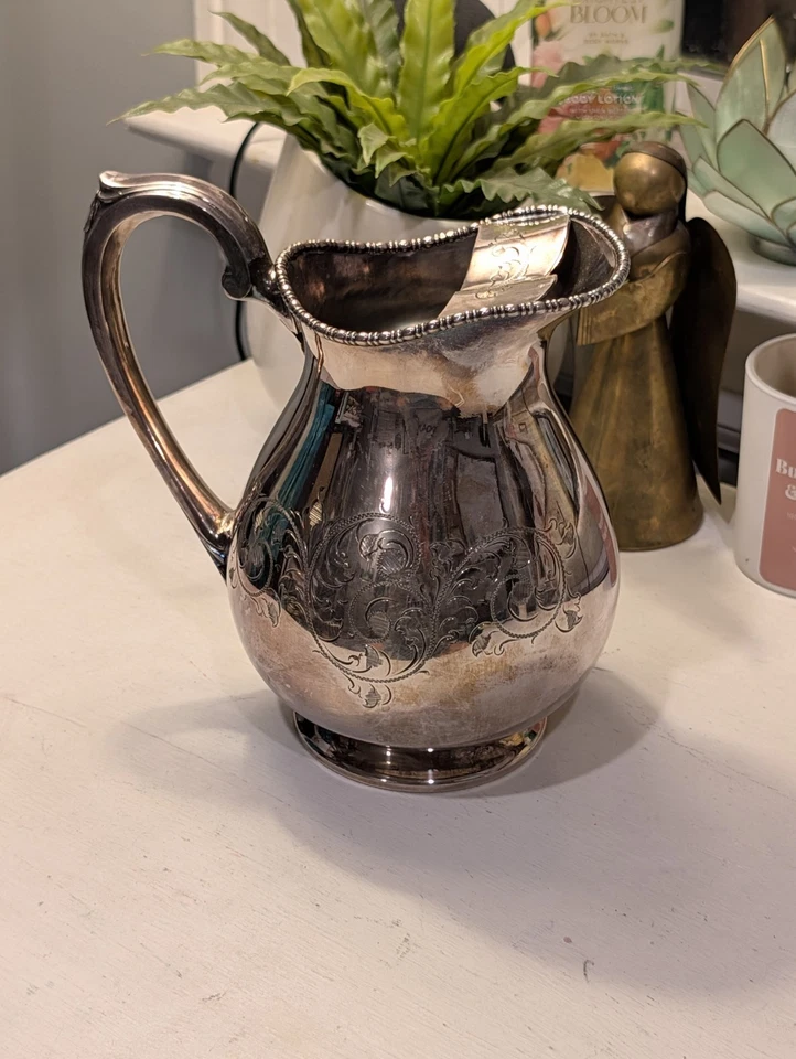 Antique Sheffield English Silver Plated Pitcher With Engraved Scrolling Leaf - Image 1 of 4