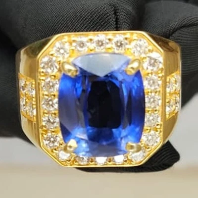 Anillo para hombre de diamantes y zafiros naturales talla cojín de 11 quilates enchapado en oro amarillo de 14 quilates Foto 1 de 4