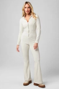 Fabletics Cozy Plush Ribbed Flare Leg Hooded Zip Up Jumpsuit $125 Sz L White - Picture 1 of 18